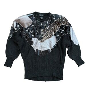Suzelle Vintage Leopard Mixed Media Knit Sweater Black Silver Sequin Women M